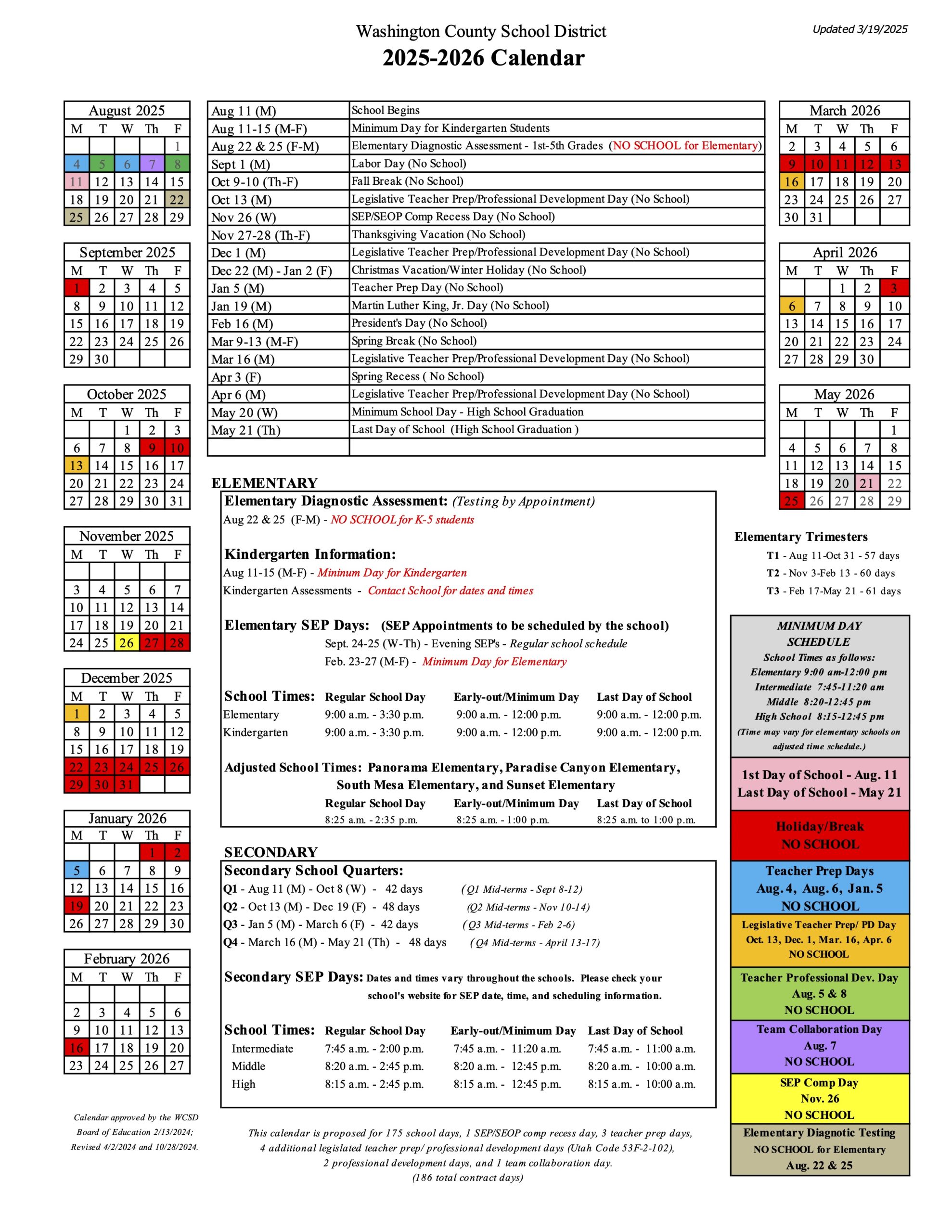 2025-26 washington county school district calendar at a glance