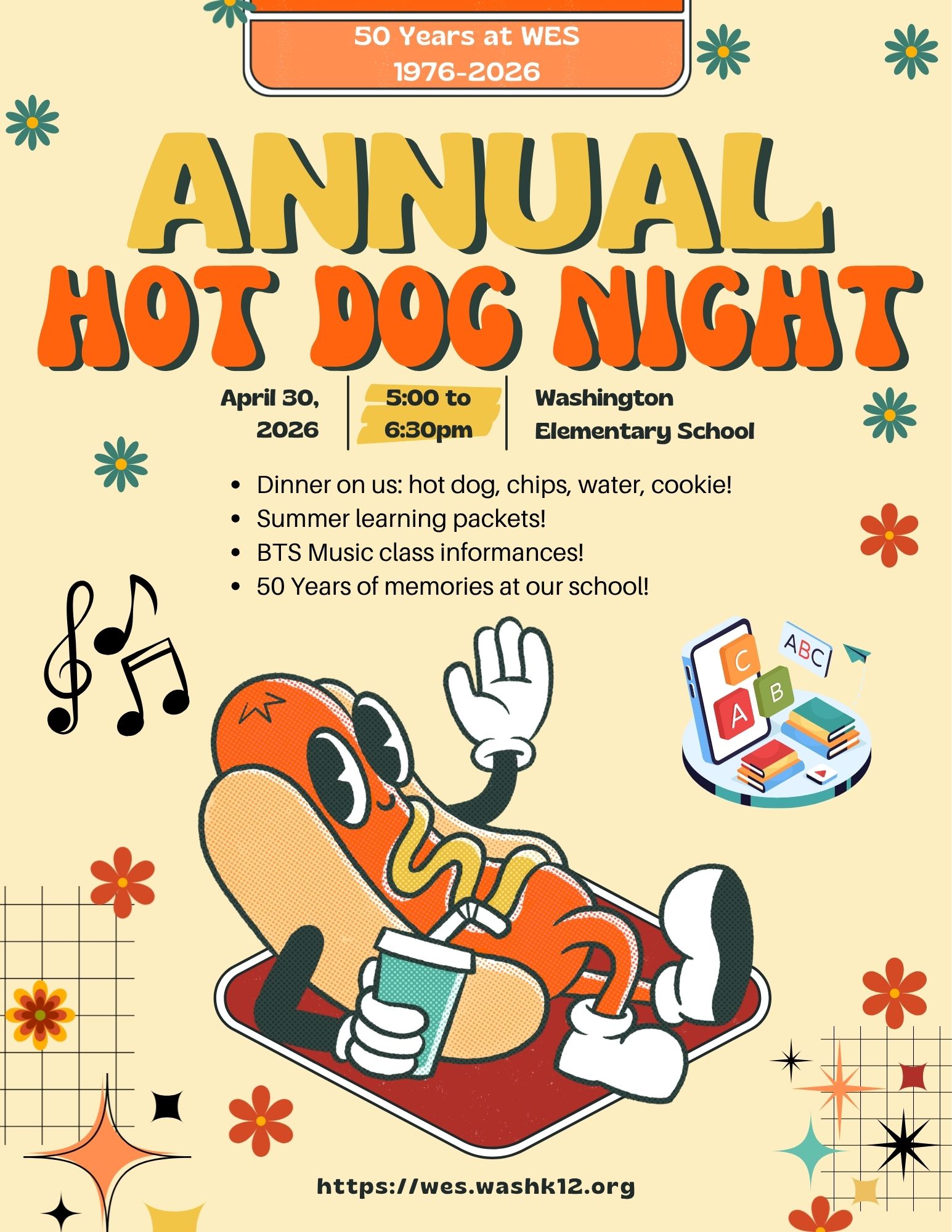 annual hot dog night, april 30, from 5 to 6:30pm, come eat dinner, get a summer learning packet