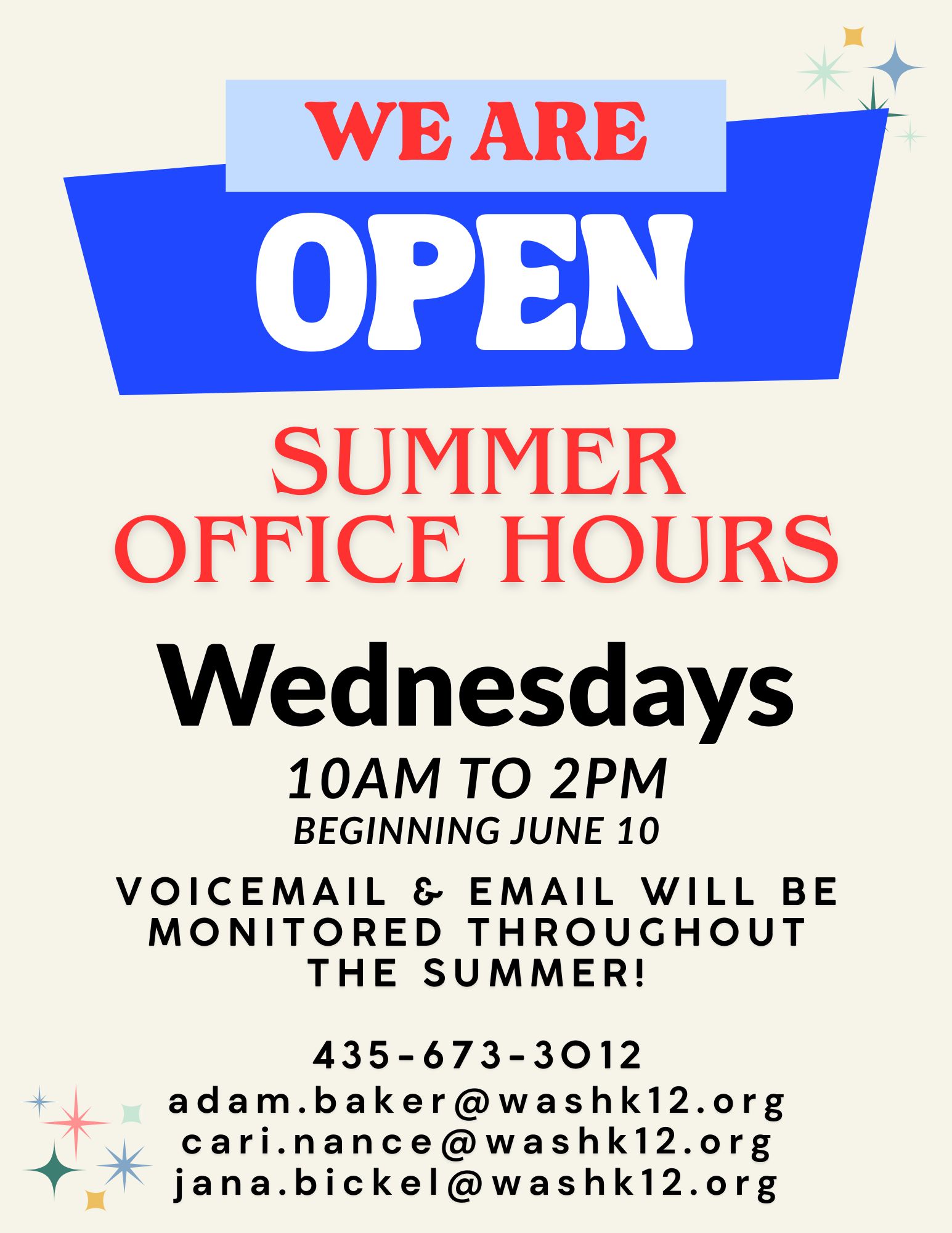 summer office hours each wednesday from 10 to 2 beginning june 10